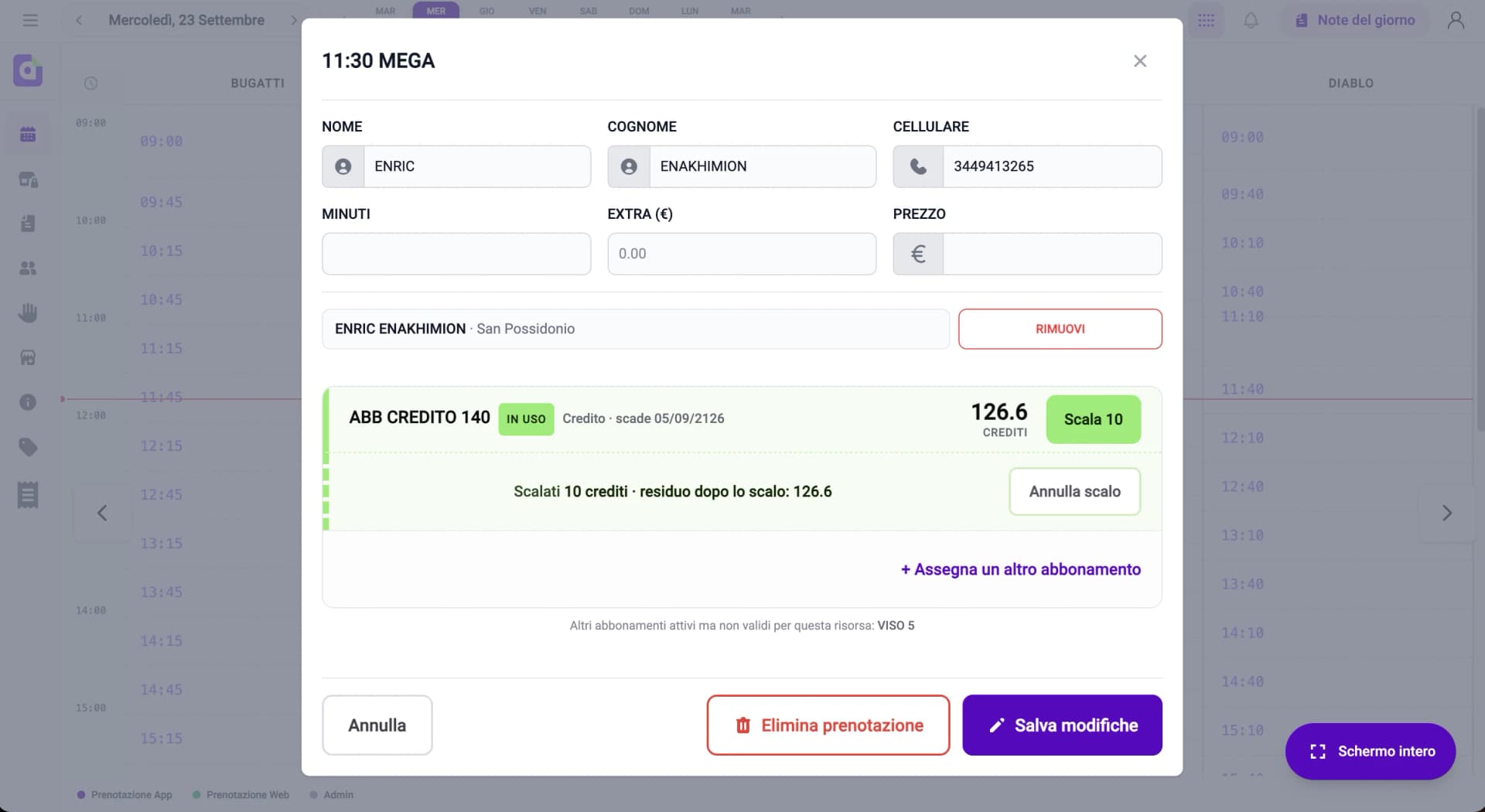 Creazione appuntamento nel pannello admin Prenova — software gestionale estetica