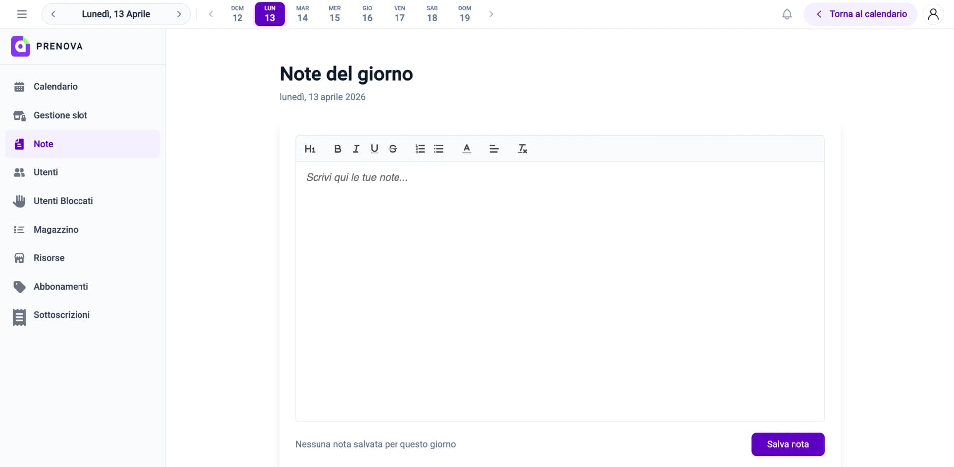 Lista appuntamenti giornalieri — gestionale per centri estetici Prenova