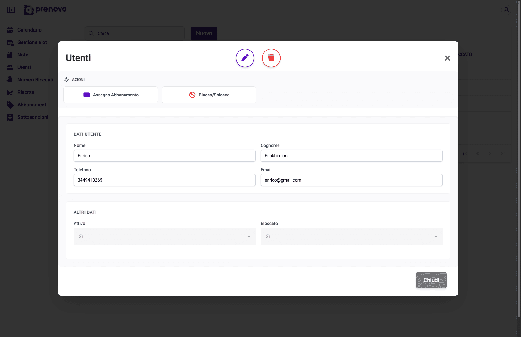 Scheda cliente con storico trattamenti nel gestionale Prenova