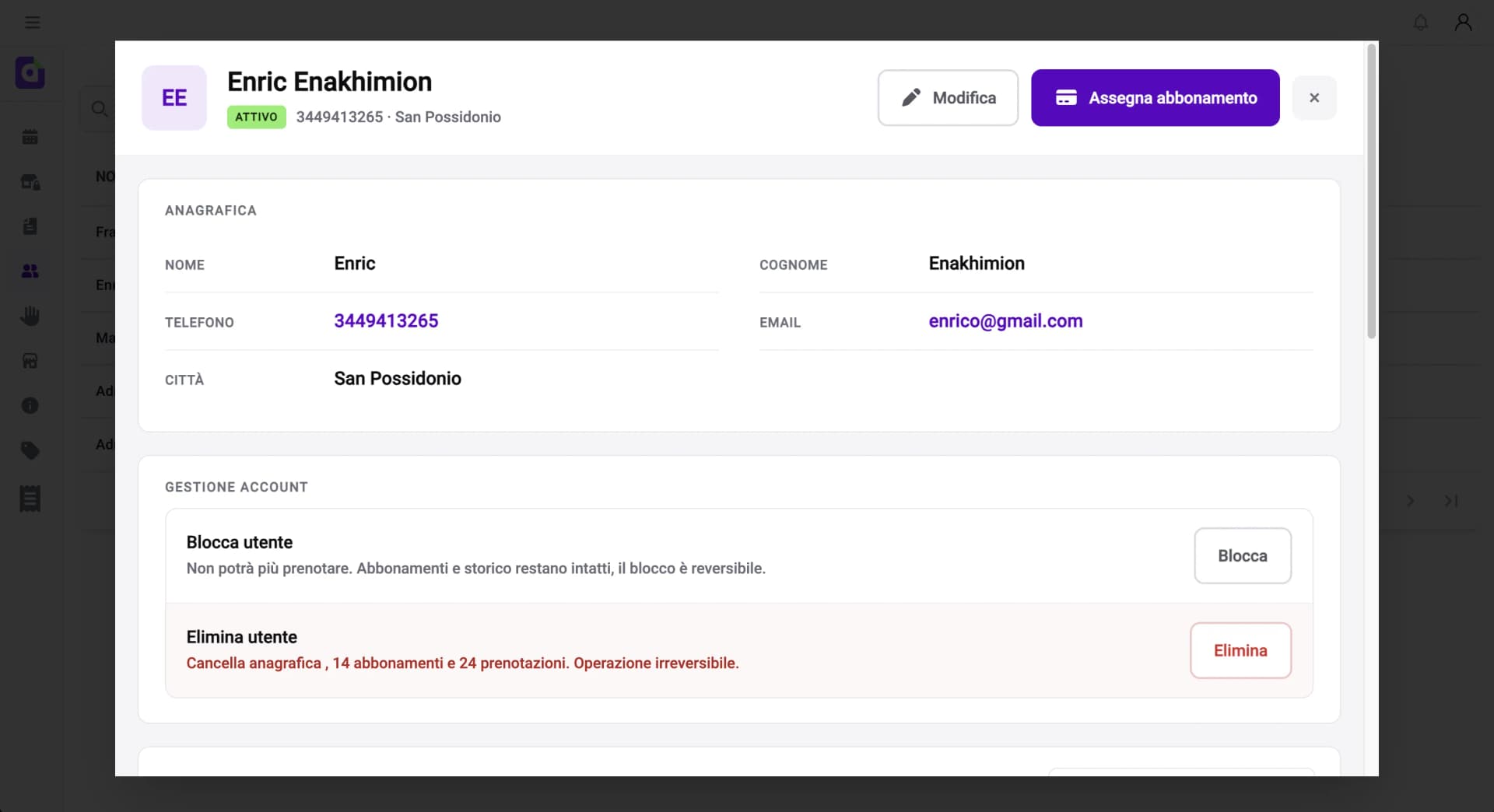 Scheda cliente con storico trattamenti nel gestionale Prenova